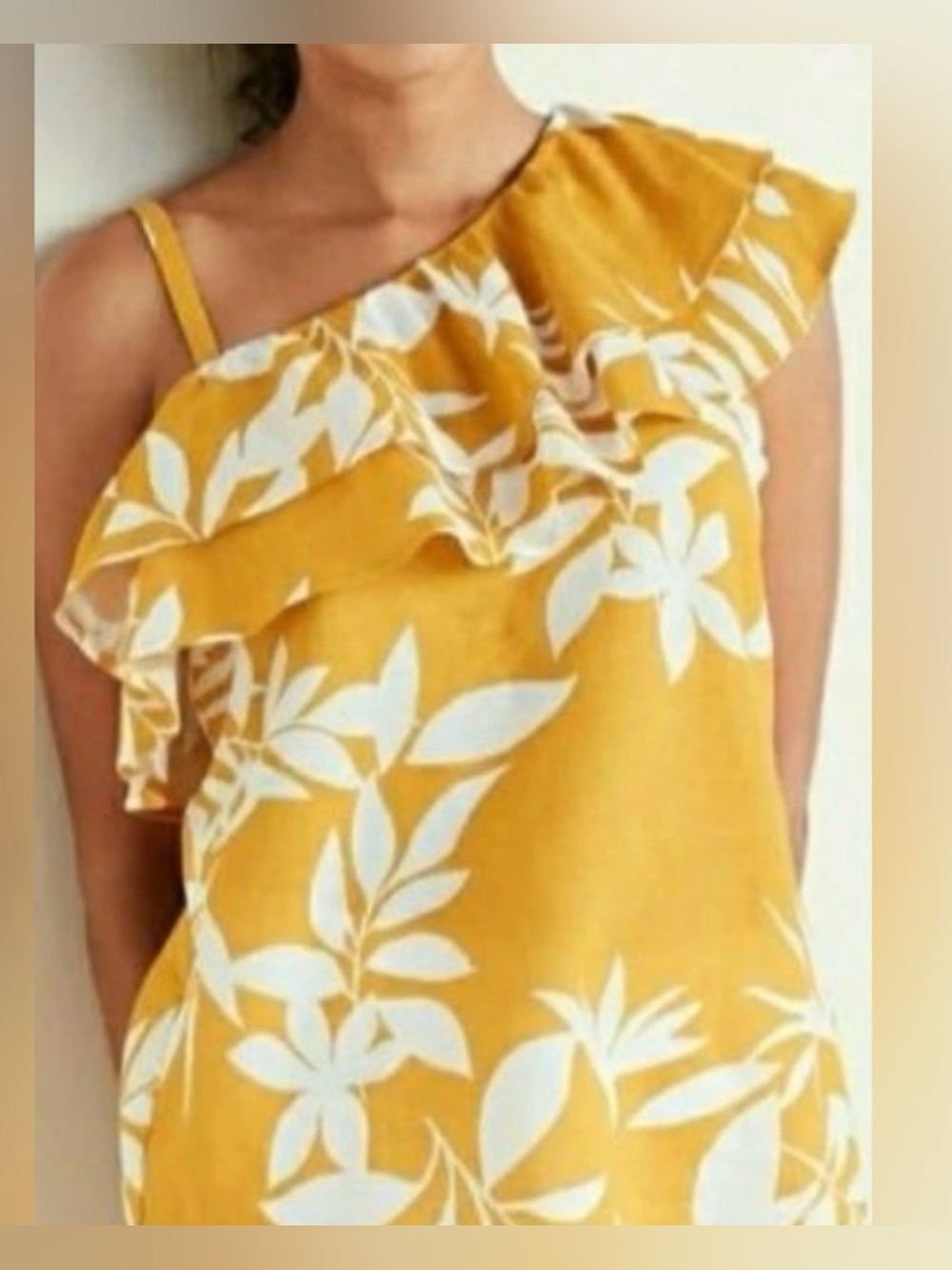Old Navy One Shoulder Ruffle Top Mustard Yellow Floral Summer Blouse